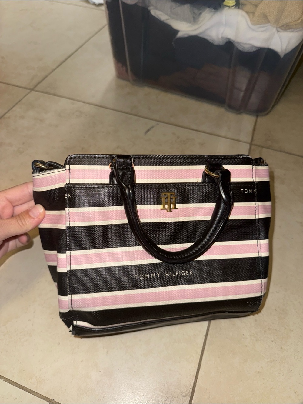 Tommy Hilfiger Black & baby Pink Striped Mini Satchel